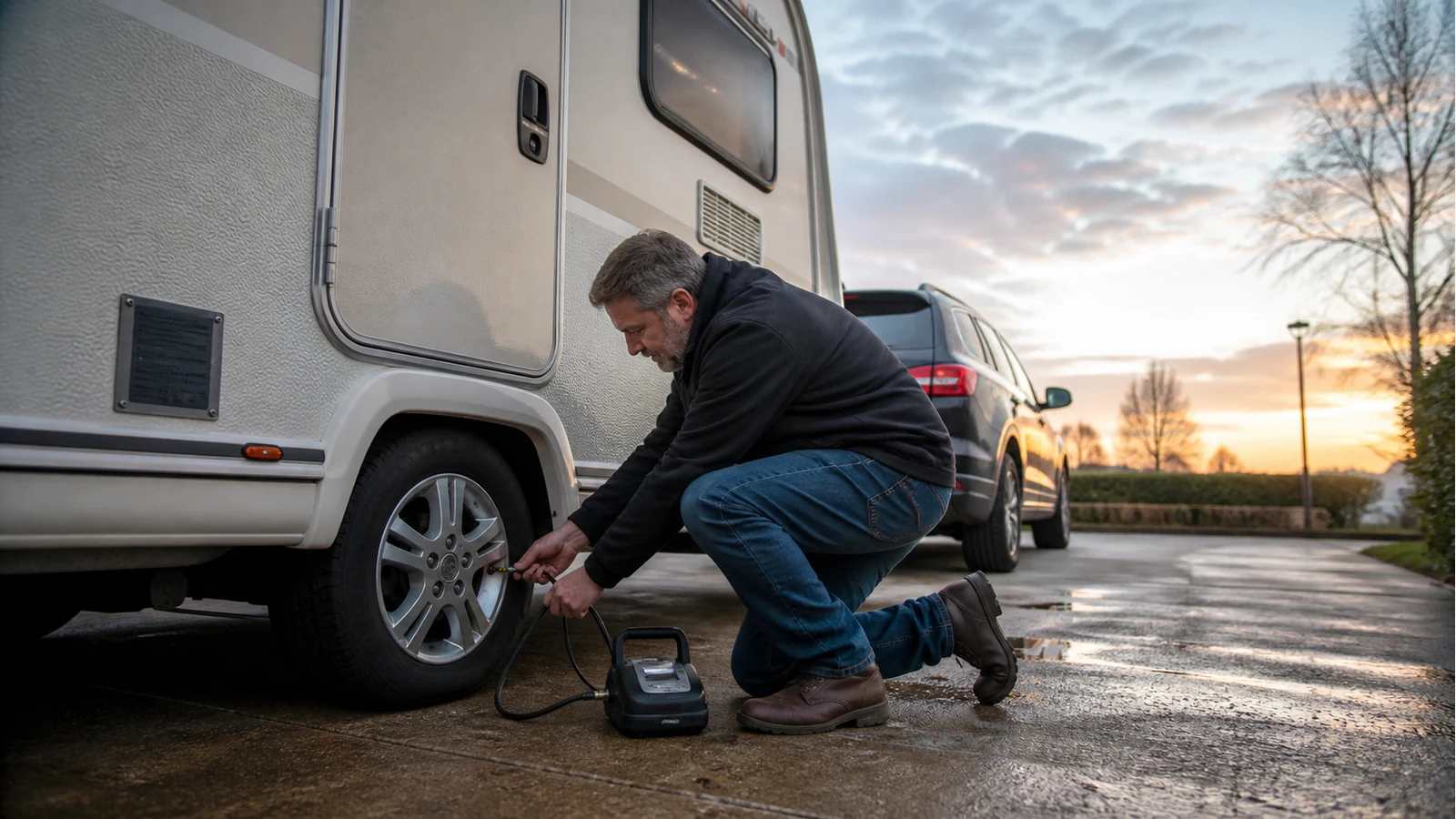 UK caravan owner checking cold tyre pressure with a portable inflator before towing