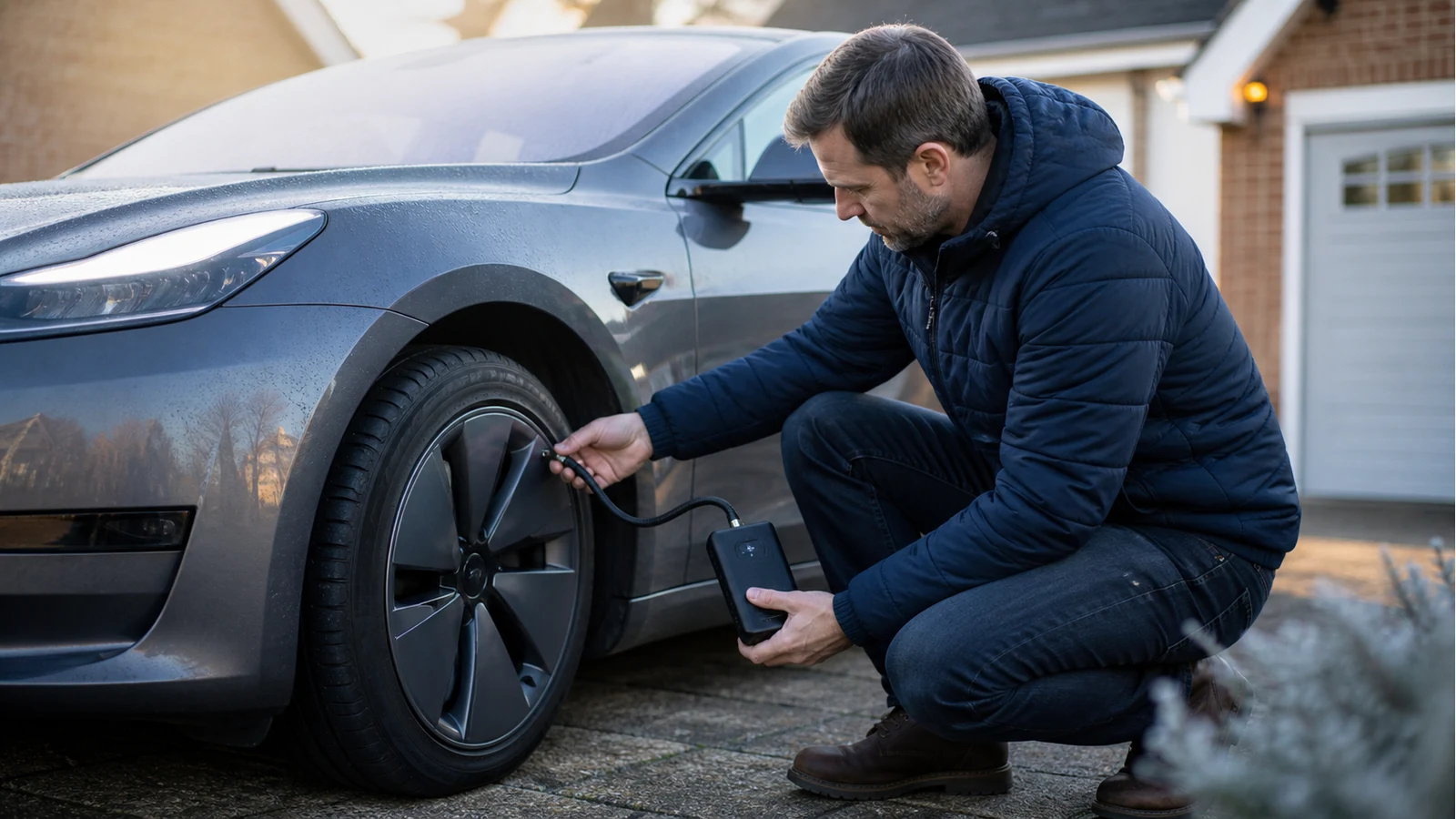 UK electric car owner checking cold tyre pressure with a portable inflator