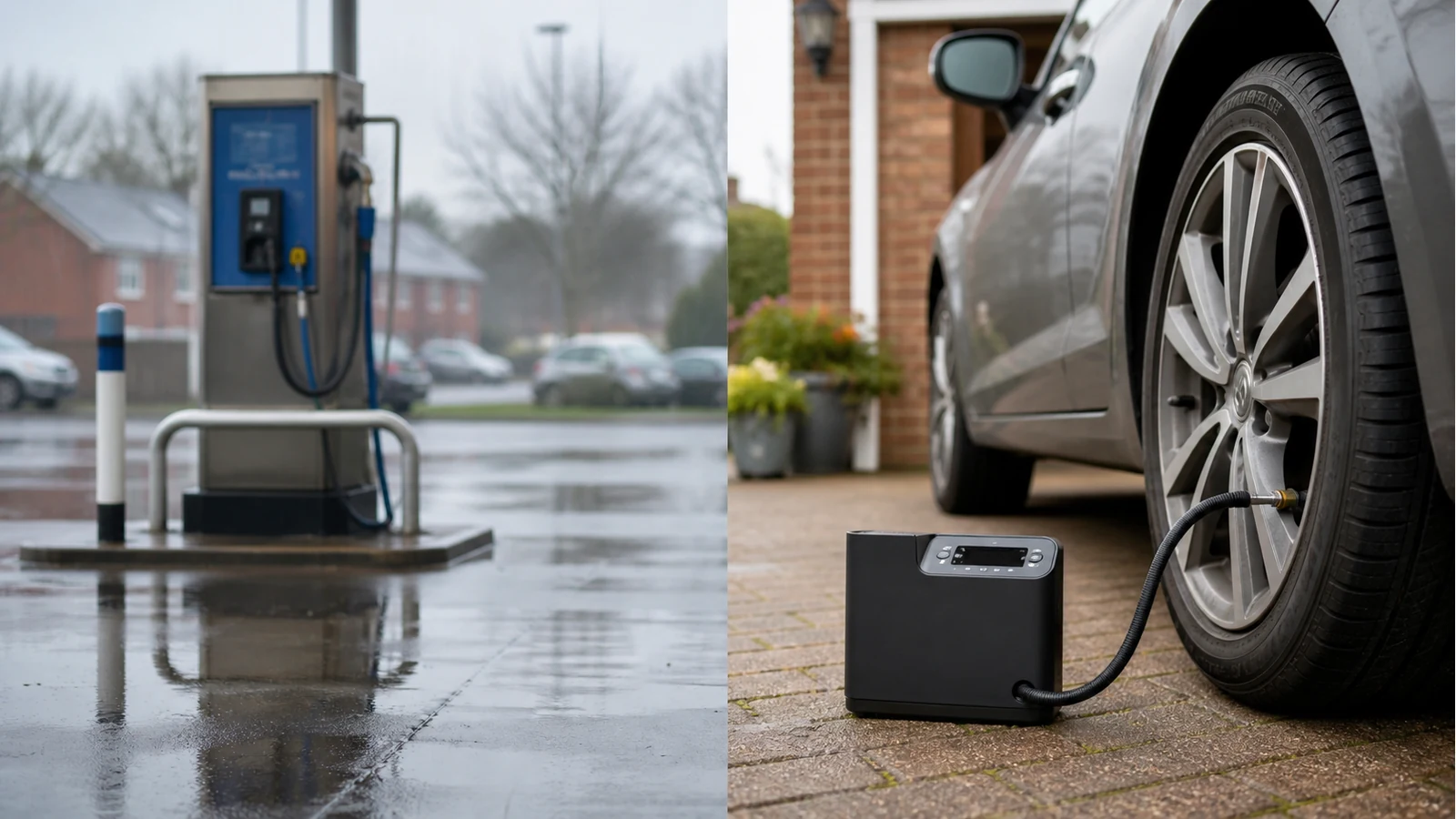 Comparing a UK petrol station air pump with a portable home tyre inflator