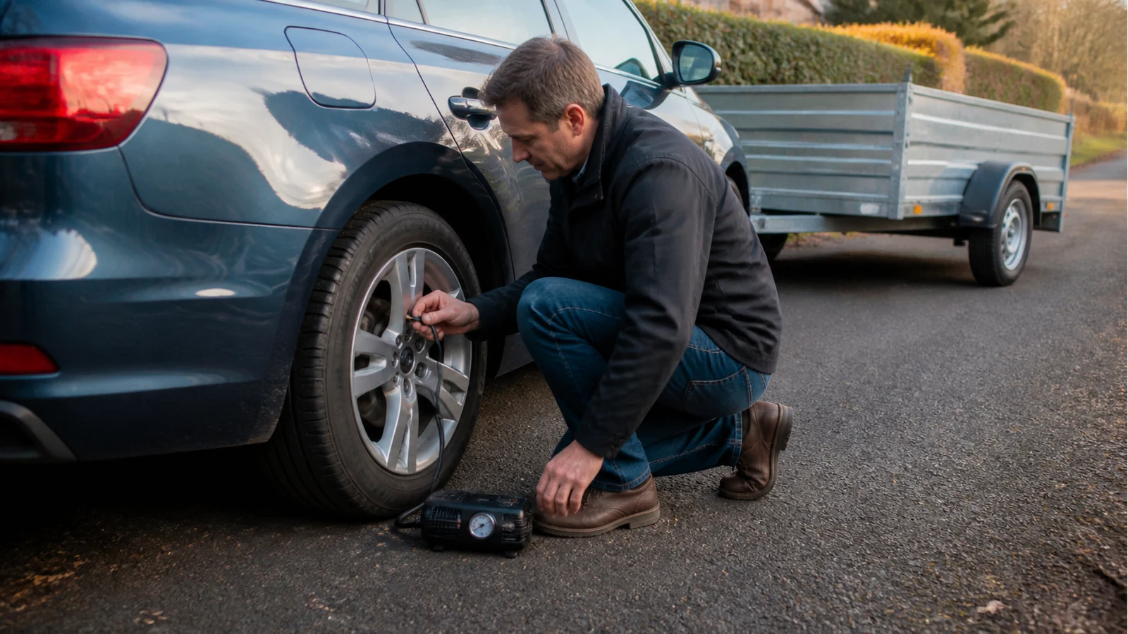 Checking UK tow-car rear tyre pressure with a portable inflator before towing