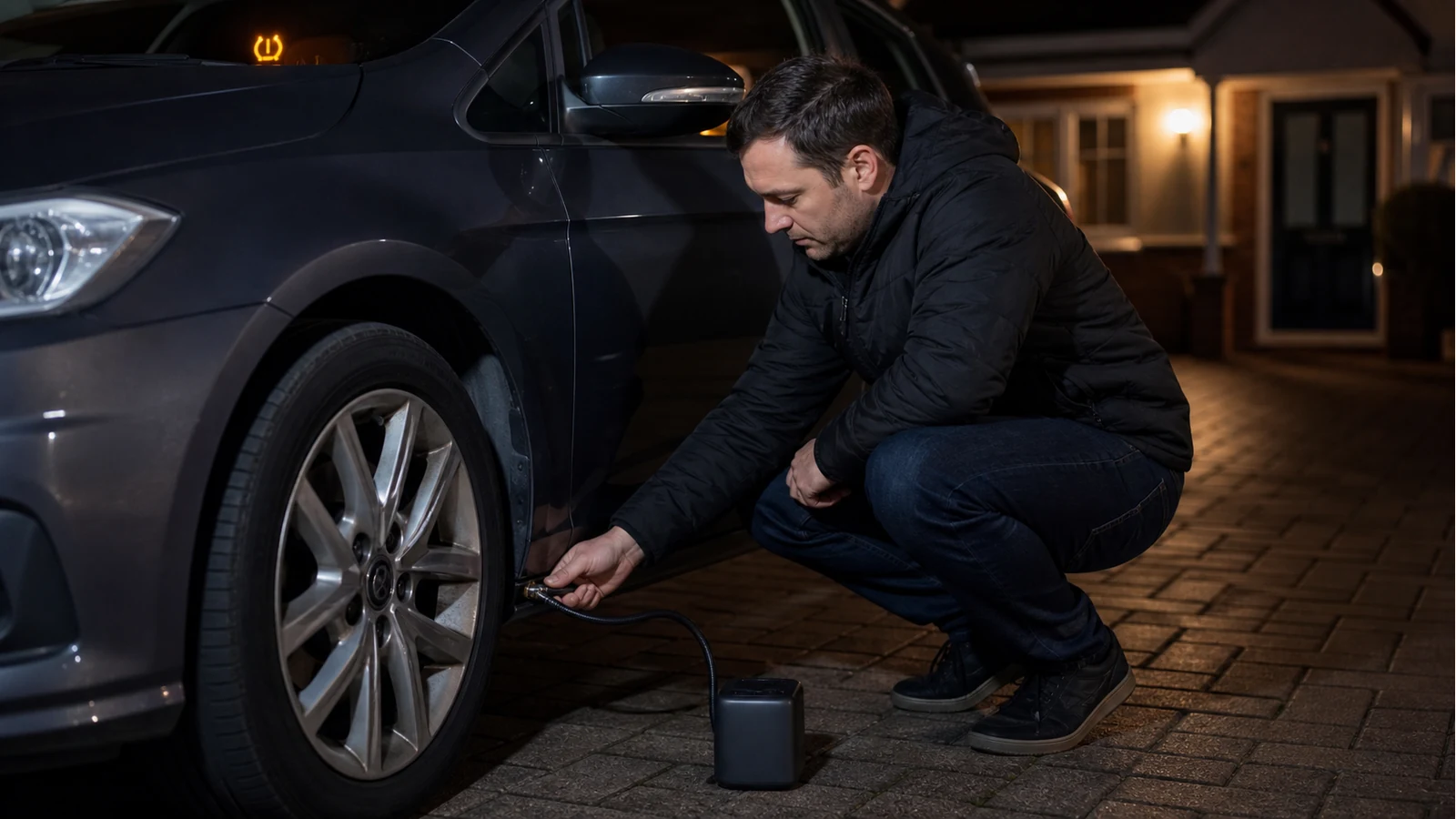 UK driver checking a cold car tyre with a portable digital inflator after a TPMS warning
